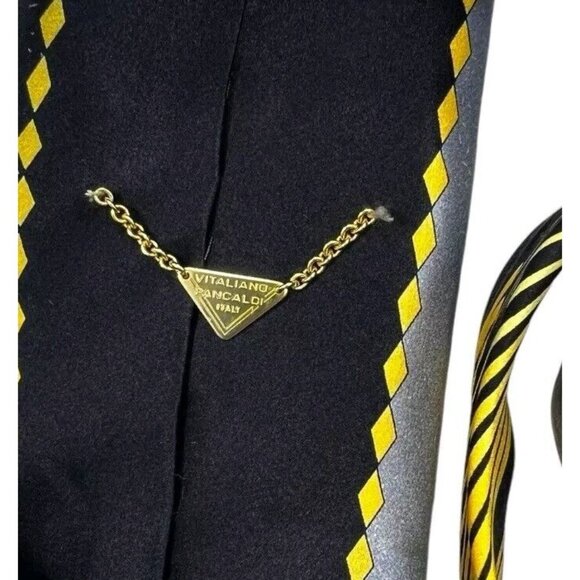 VITALIANO PANCALDI Men's Silk Necktie LUXURY Tie Black Gold Geometric W:3.7" EUC - Picture 2 of 7